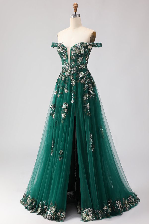 Sparkly Dark Green Off The Shoulder A Line Prom Dress - Image 5