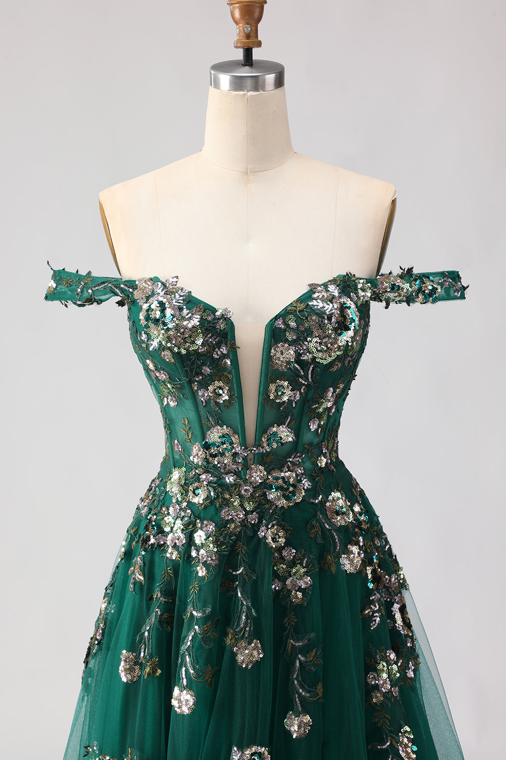 Sparkly Dark Green Off The Shoulder A Line Prom Dress - Image 6