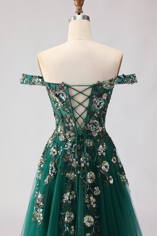 Sparkly Dark Green Off The Shoulder A Line Prom Dress - Image 8