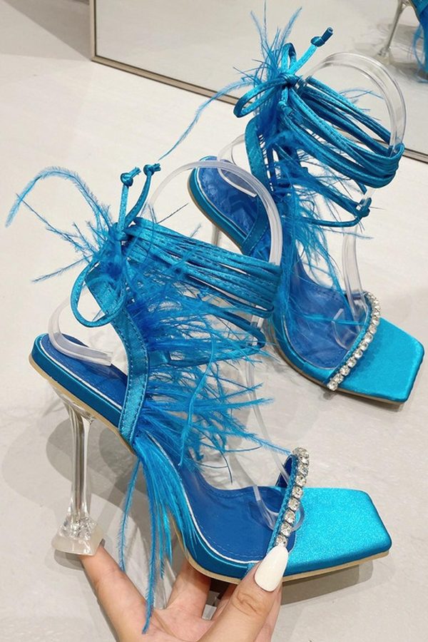 Sparkly Fuchsia Strappy Stiletto Heel Sandals with Feather - Image 4