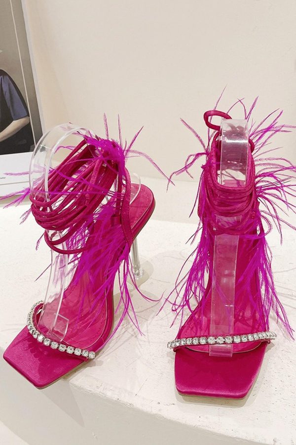 Sparkly Fuchsia Strappy Stiletto Heel Sandals with Feather - Image 2