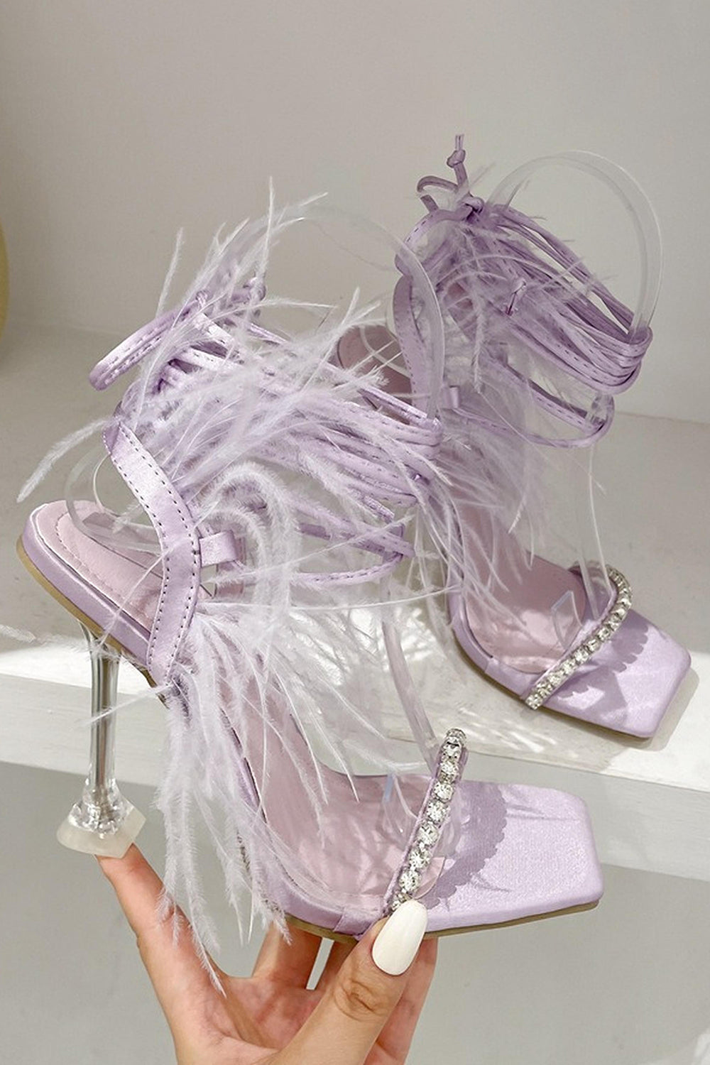 Sparkly Fuchsia Strappy Stiletto Heel Sandals with Feather - Image 8