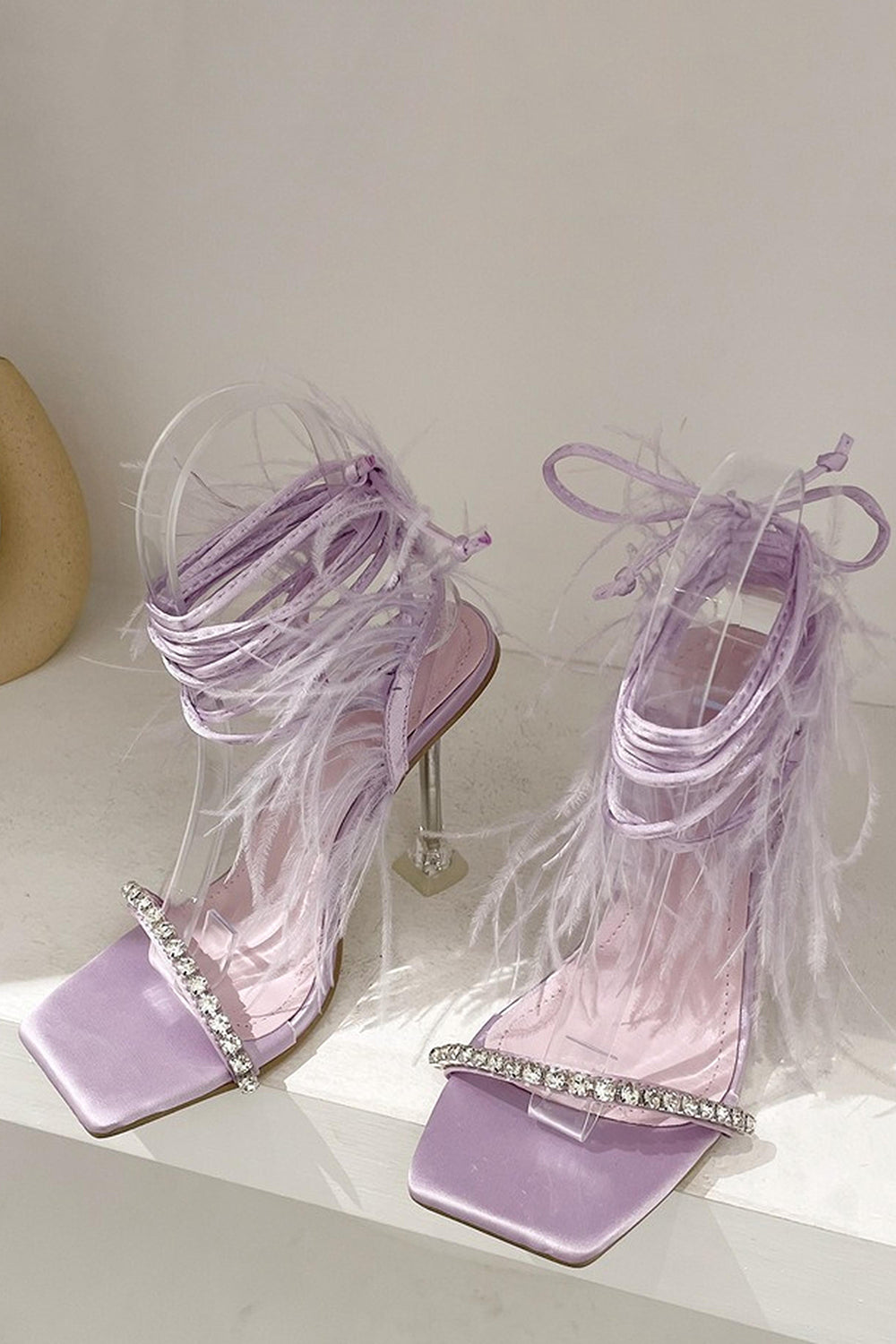 Sparkly Fuchsia Strappy Stiletto Heel Sandals with Feather - Image 9
