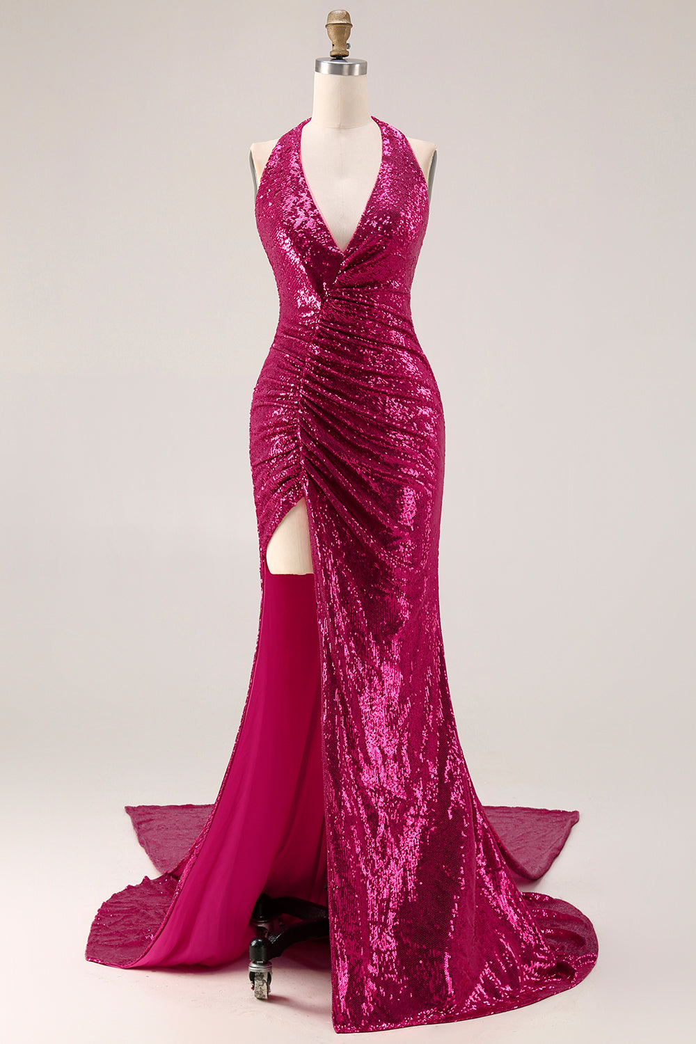 Sparkly Fuchsia Halter Ruched Mermaid Prom Dress - Image 1
