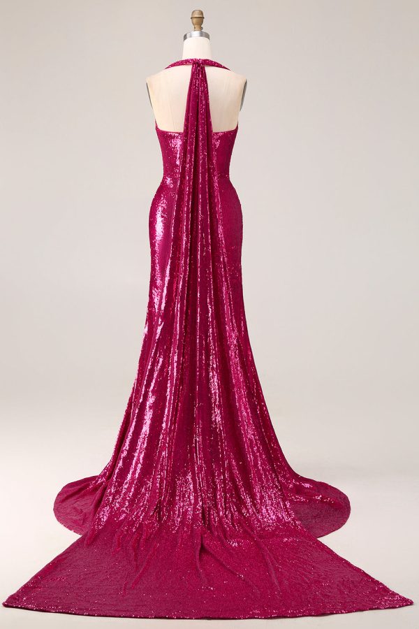 Sparkly Fuchsia Halter Ruched Mermaid Prom Dress - Image 2