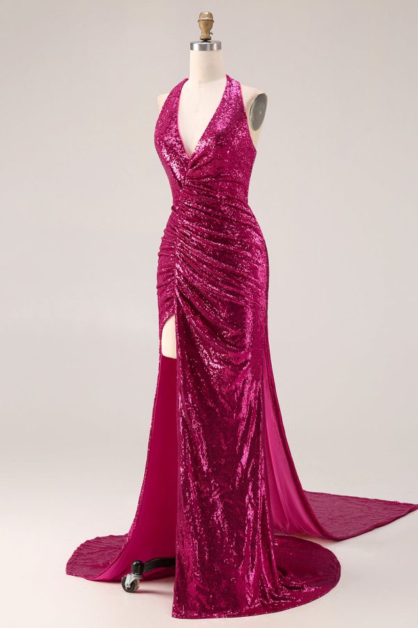 Sparkly Fuchsia Halter Ruched Mermaid Prom Dress - Image 3