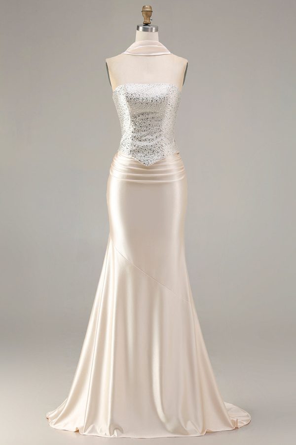 Sparkly Champagne Satin Mermaid Beaded Prom Dress - Image 7