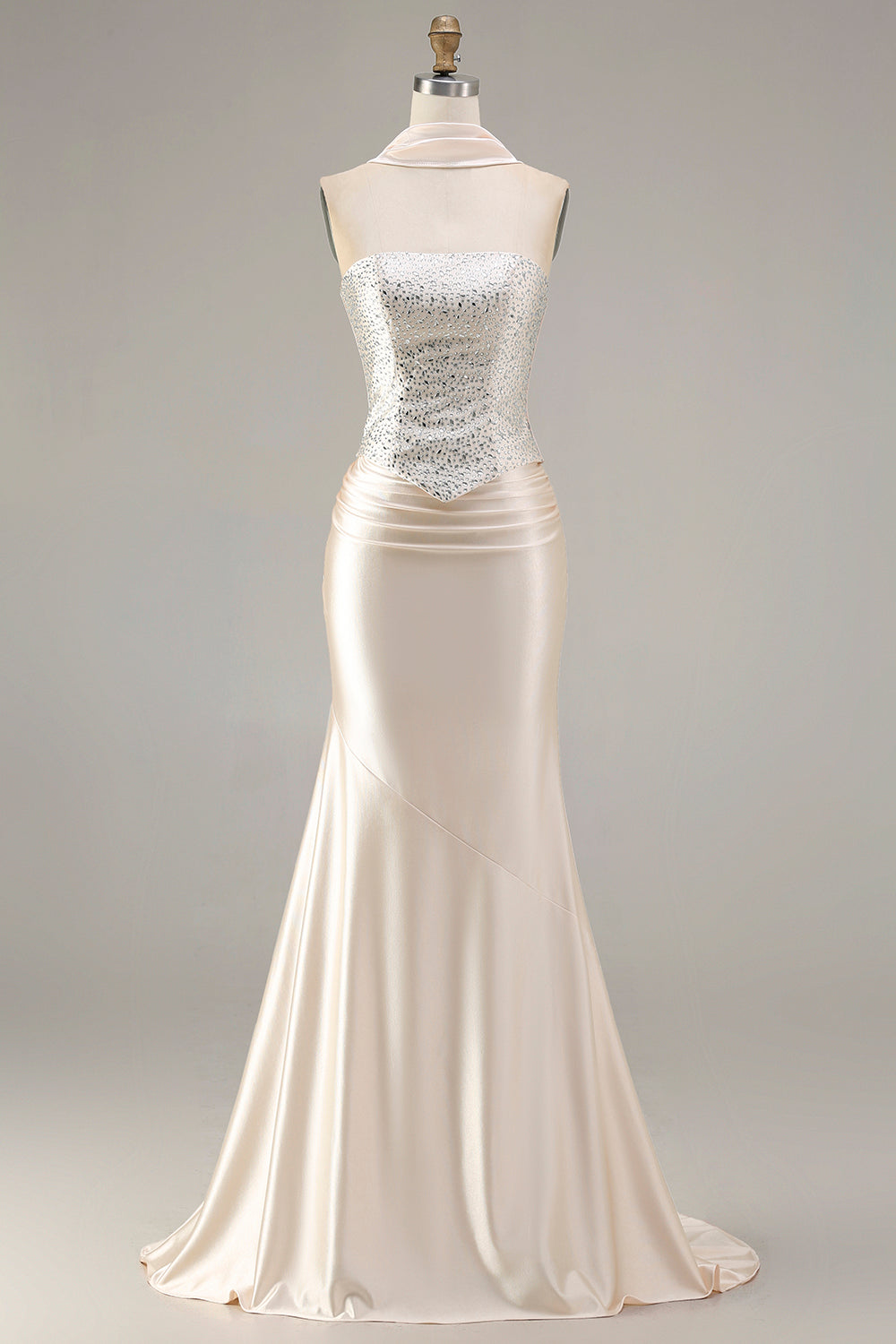 Sparkly Champagne Satin Mermaid Beaded Prom Dress - Image 7