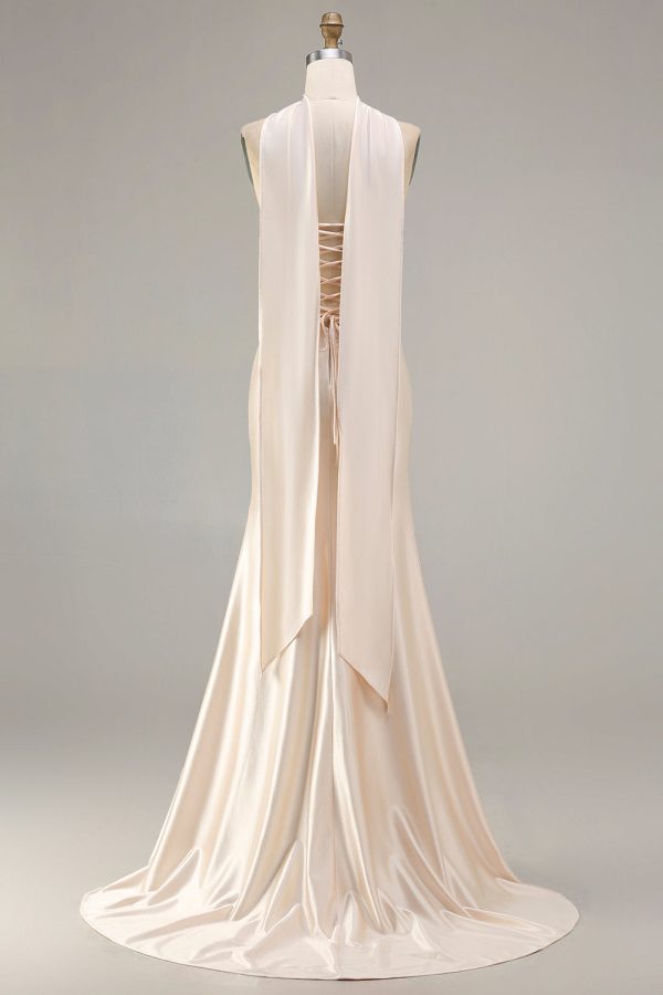 Sparkly Champagne Satin Mermaid Beaded Prom Dress - Image 8
