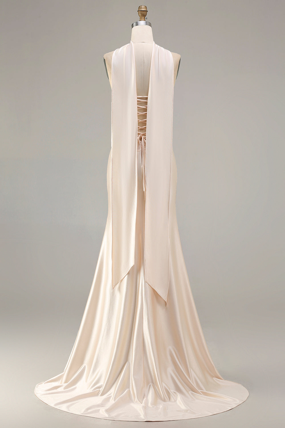 Sparkly Champagne Satin Mermaid Beaded Prom Dress - Image 8