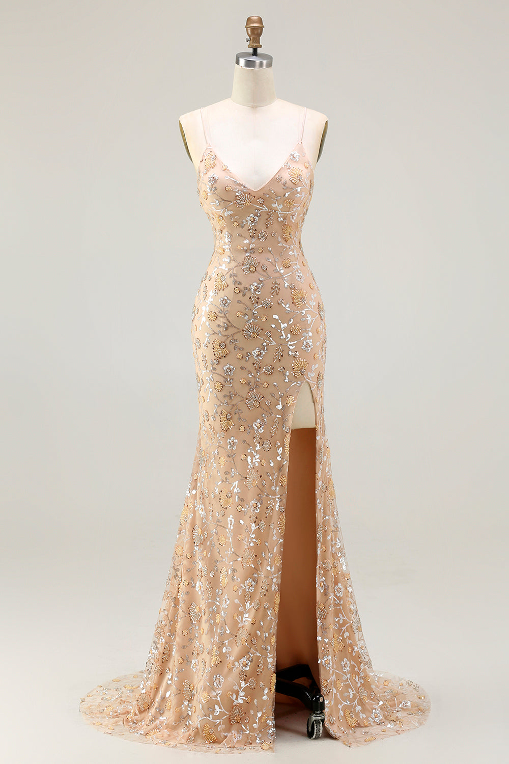 Sparkly Champagne Mermaid Spaghetti Straps Prom Dress With Slit - Image 1