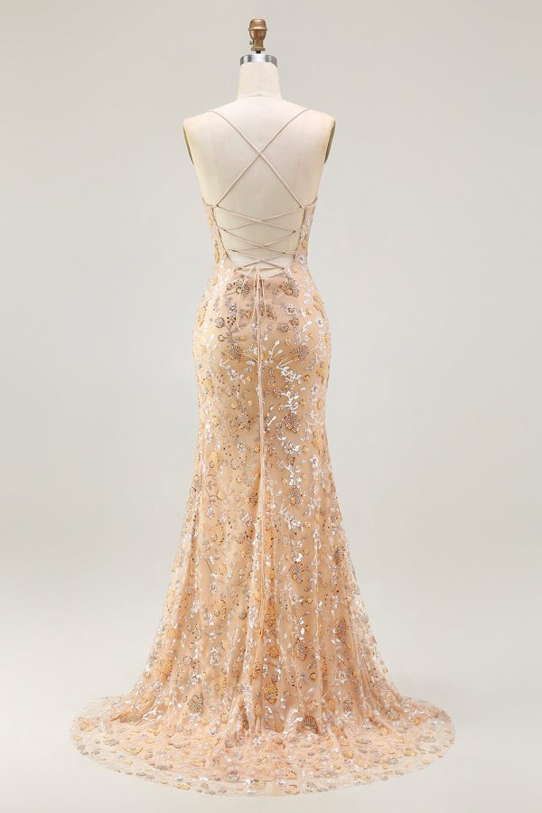 Sparkly Champagne Mermaid Spaghetti Straps Prom Dress With Slit - Image 2
