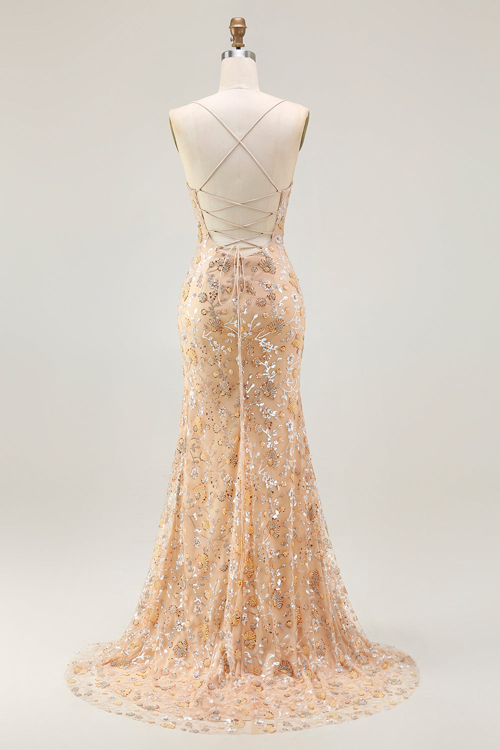 Sparkly Champagne Mermaid Spaghetti Straps Prom Dress With Slit - Image 2
