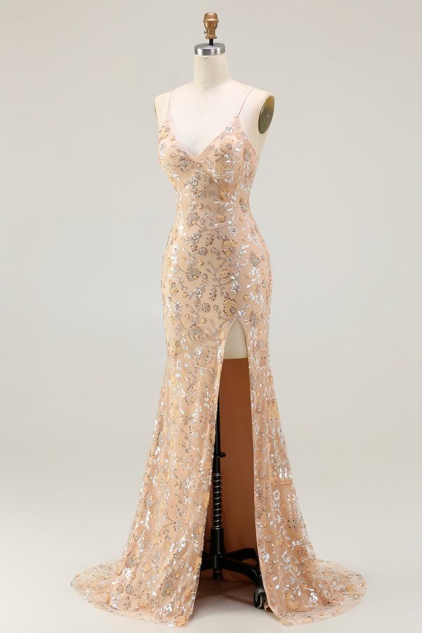 Sparkly Champagne Mermaid Spaghetti Straps Prom Dress With Slit - Image 3