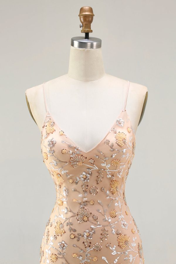Sparkly Champagne Mermaid Spaghetti Straps Prom Dress With Slit - Image 4