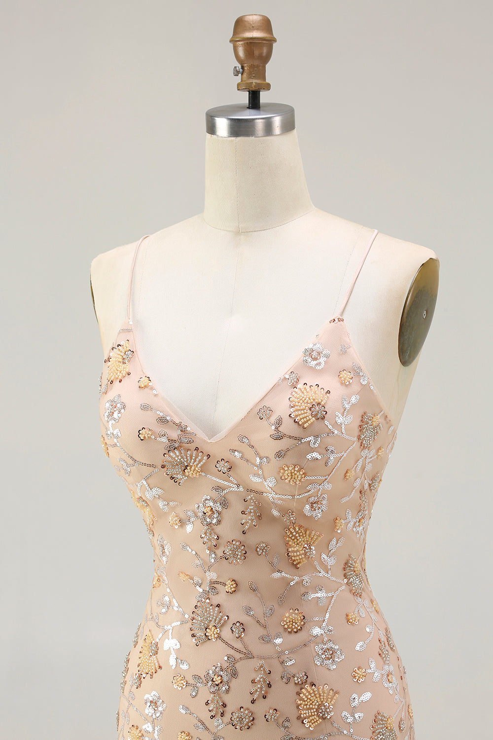 Sparkly Champagne Mermaid Spaghetti Straps Prom Dress With Slit - Image 6