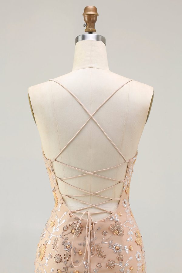 Sparkly Champagne Mermaid Spaghetti Straps Prom Dress With Slit - Image 5