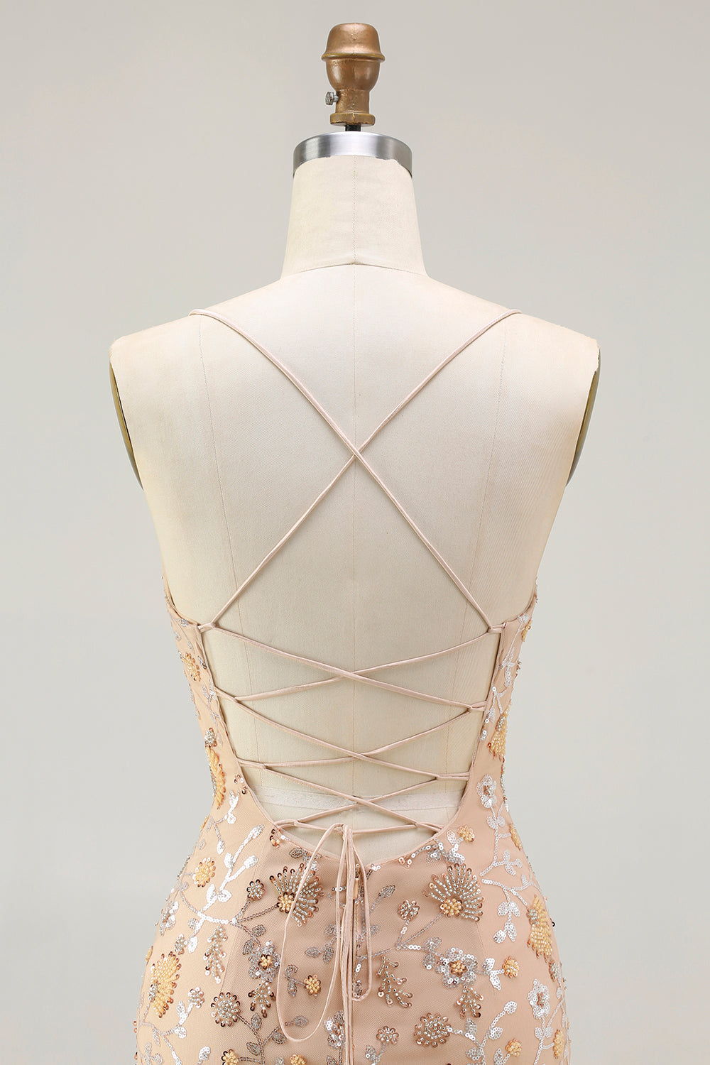 Sparkly Champagne Mermaid Spaghetti Straps Prom Dress With Slit - Image 5