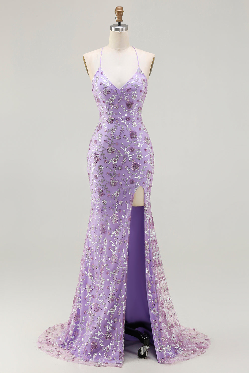 Sparkly Champagne Mermaid Spaghetti Straps Prom Dress With Slit - Image 7