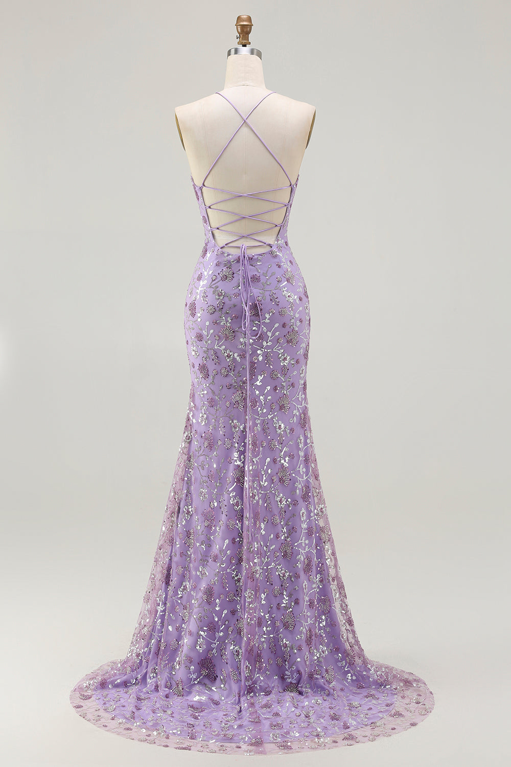 Sparkly Champagne Mermaid Spaghetti Straps Prom Dress With Slit - Image 8