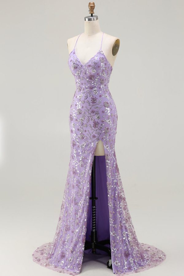 Sparkly Champagne Mermaid Spaghetti Straps Prom Dress With Slit - Image 9