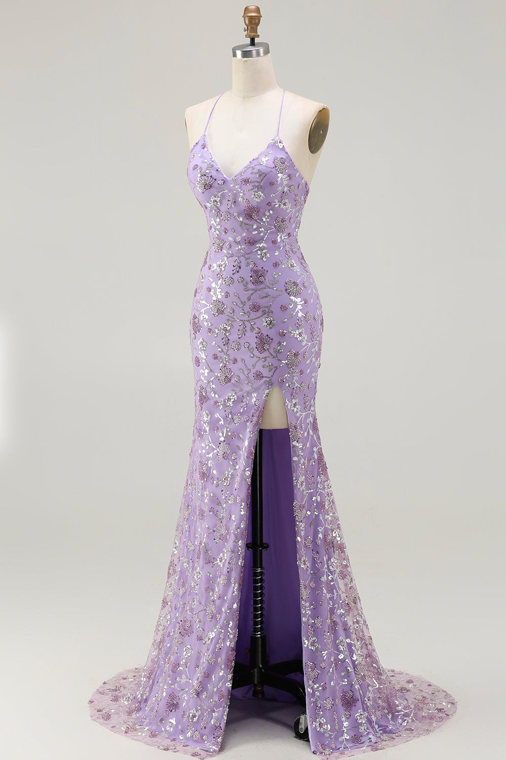 Sparkly Champagne Mermaid Spaghetti Straps Prom Dress With Slit - Image 9