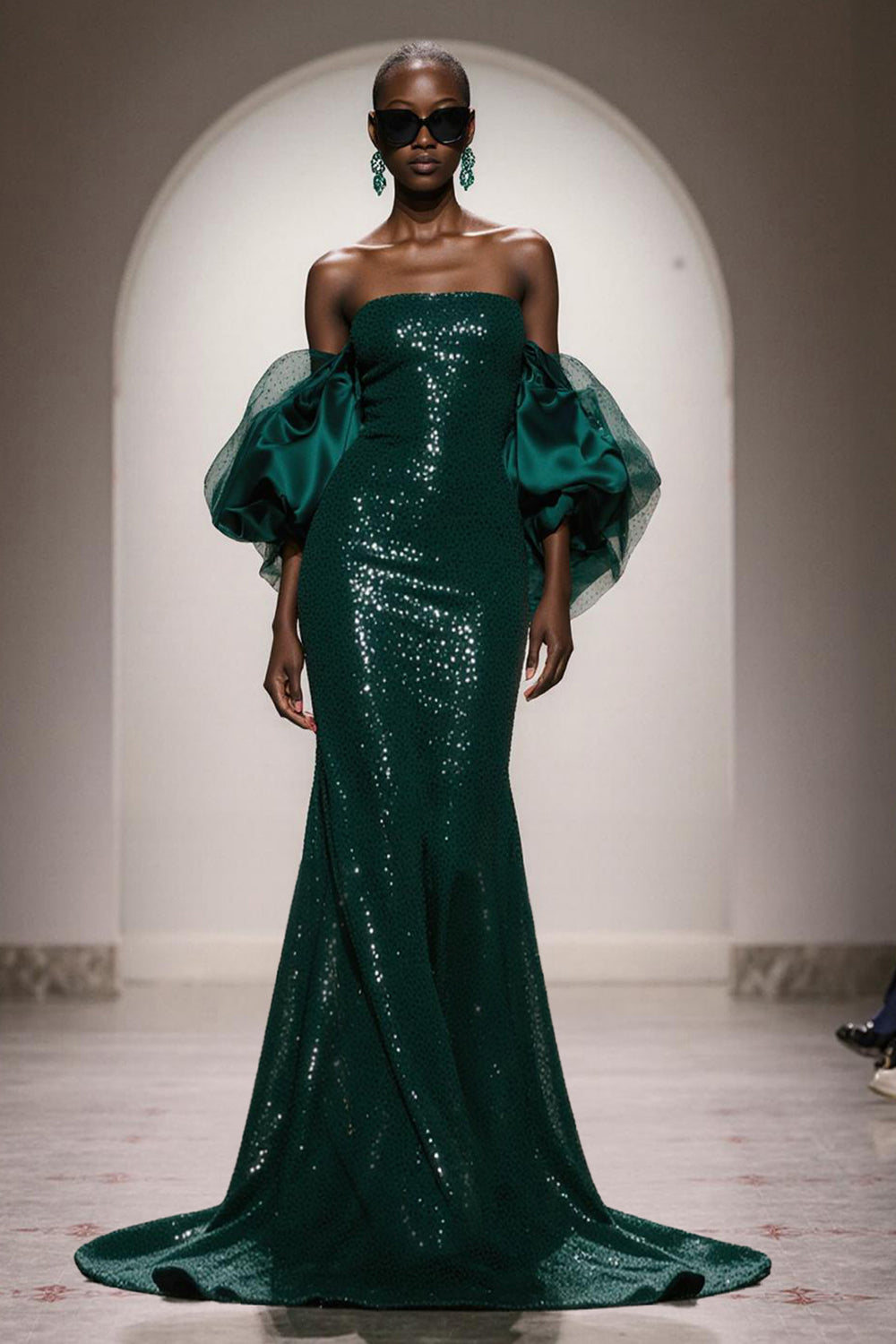Sparkly Dark Green Strapless Mermaid Maxi Gala Dress With Puff Sleeves - Image 1