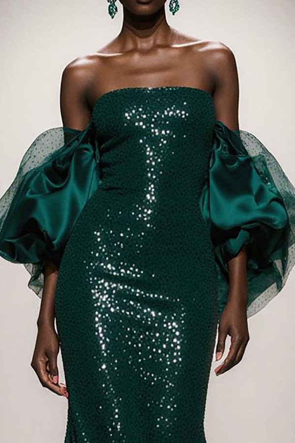 Sparkly Dark Green Strapless Mermaid Maxi Gala Dress With Puff Sleeves - Image 3
