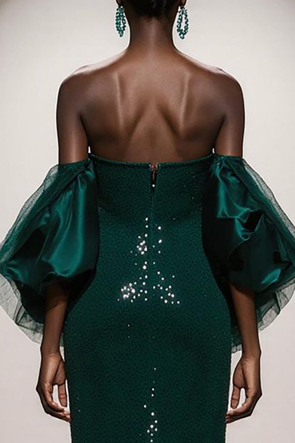 Sparkly Dark Green Strapless Mermaid Maxi Gala Dress With Puff Sleeves - Image 4