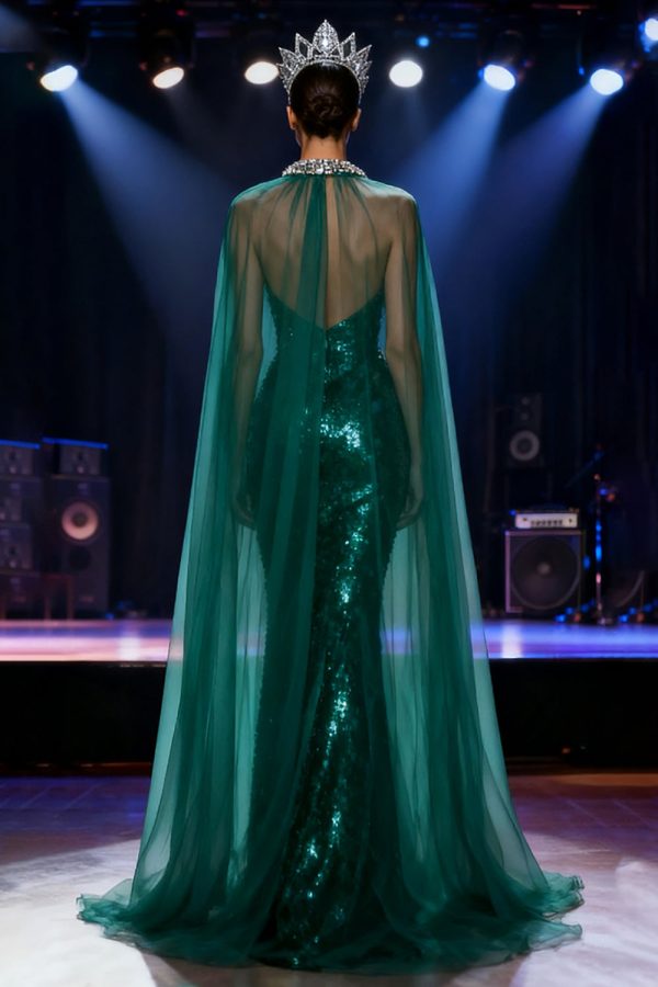 Sparkly Dark Green Mermaid Halter Pageant Dress with Overlay - Image 2