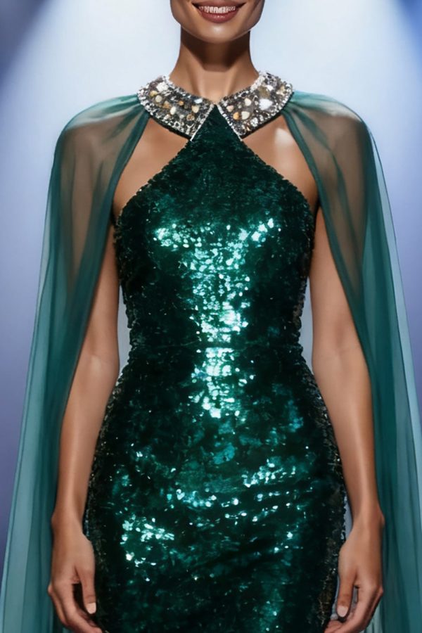 Sparkly Dark Green Mermaid Halter Pageant Dress with Overlay - Image 3