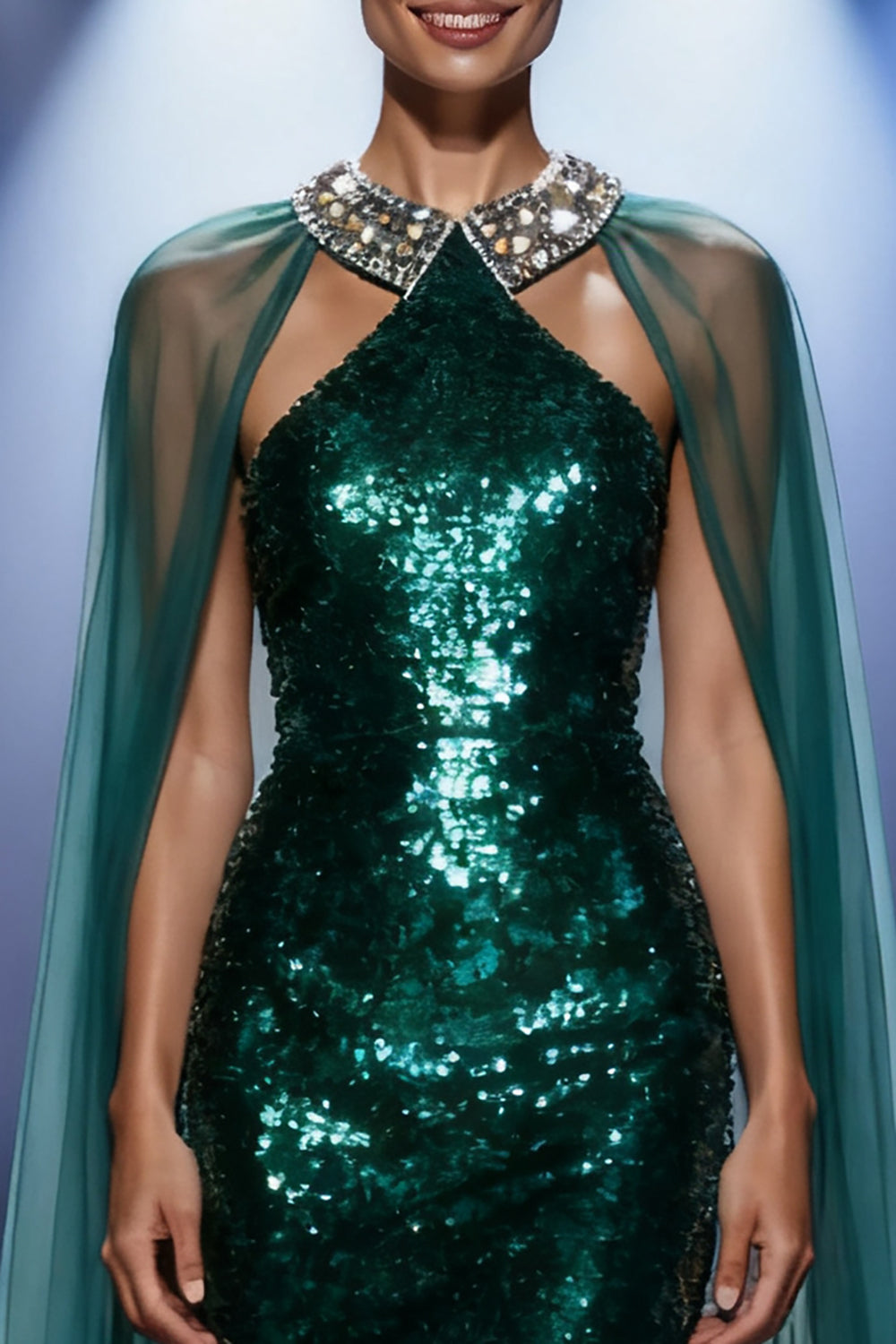 Sparkly Dark Green Mermaid Halter Pageant Dress with Overlay - Image 3