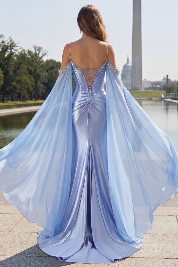 Sparkly Cold Shoulder Mermaid Ruched Blue Prom Dress - Image 2