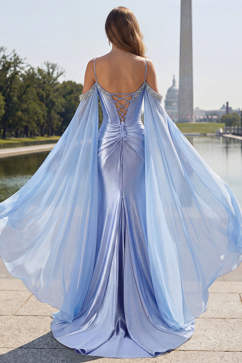 Sparkly Cold Shoulder Mermaid Ruched Blue Prom Dress - Image 2
