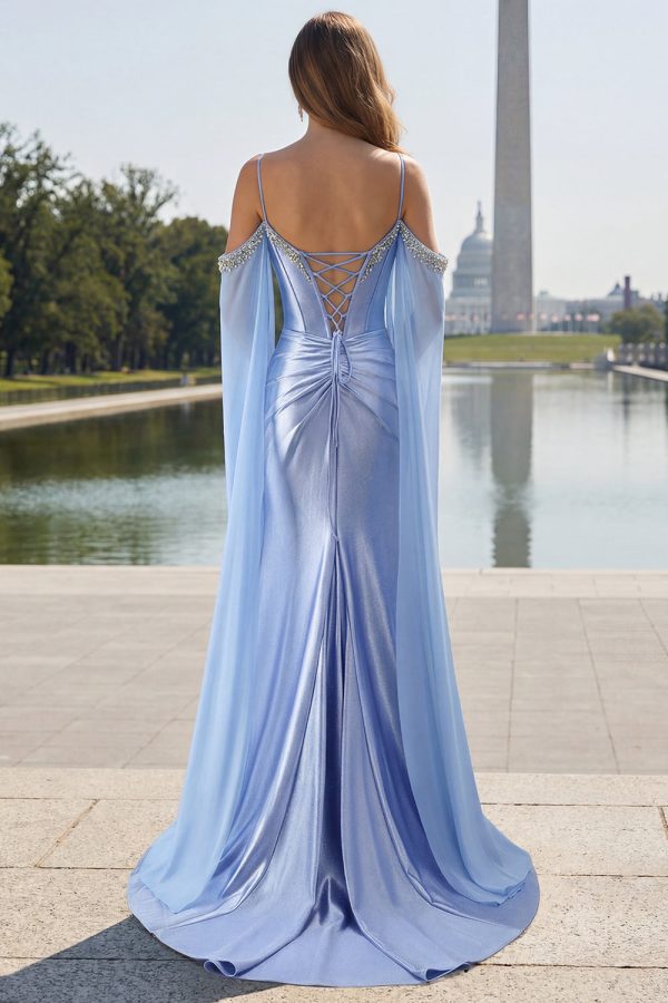 Sparkly Cold Shoulder Mermaid Ruched Blue Prom Dress - Image 4