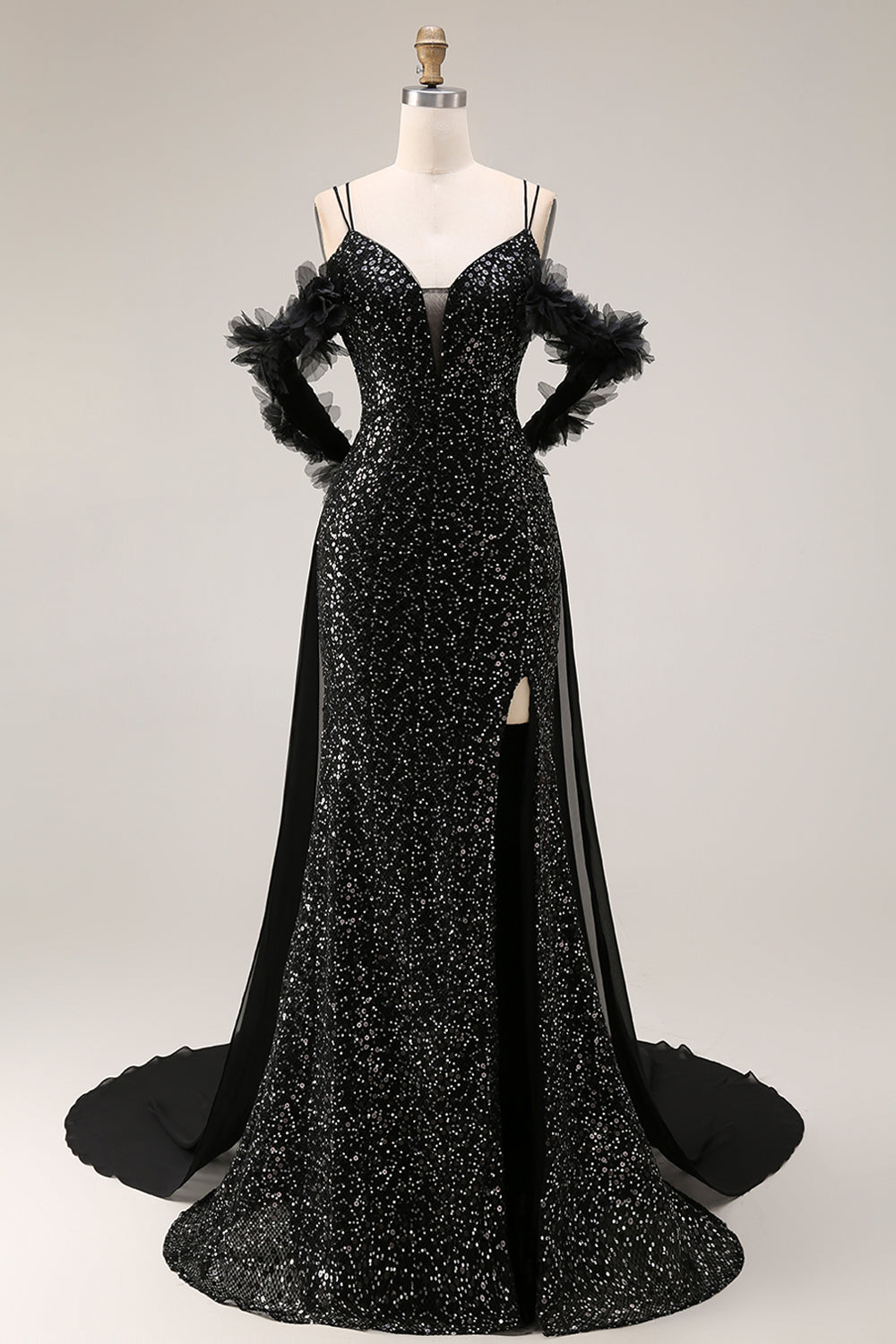 Sparkly Cold Shoulder Black Maxi Prom Dress with Slit - Image 1