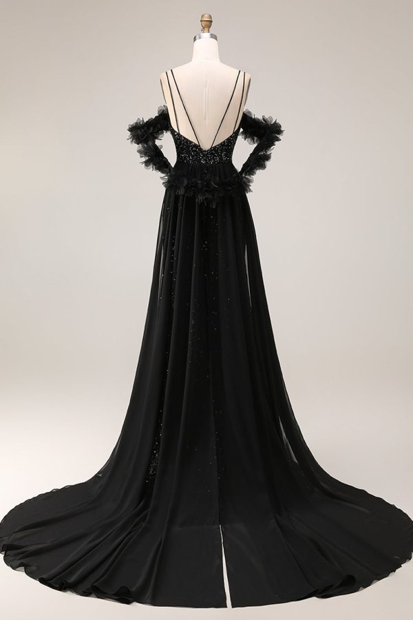 Sparkly Cold Shoulder Black Maxi Prom Dress with Slit - Image 2