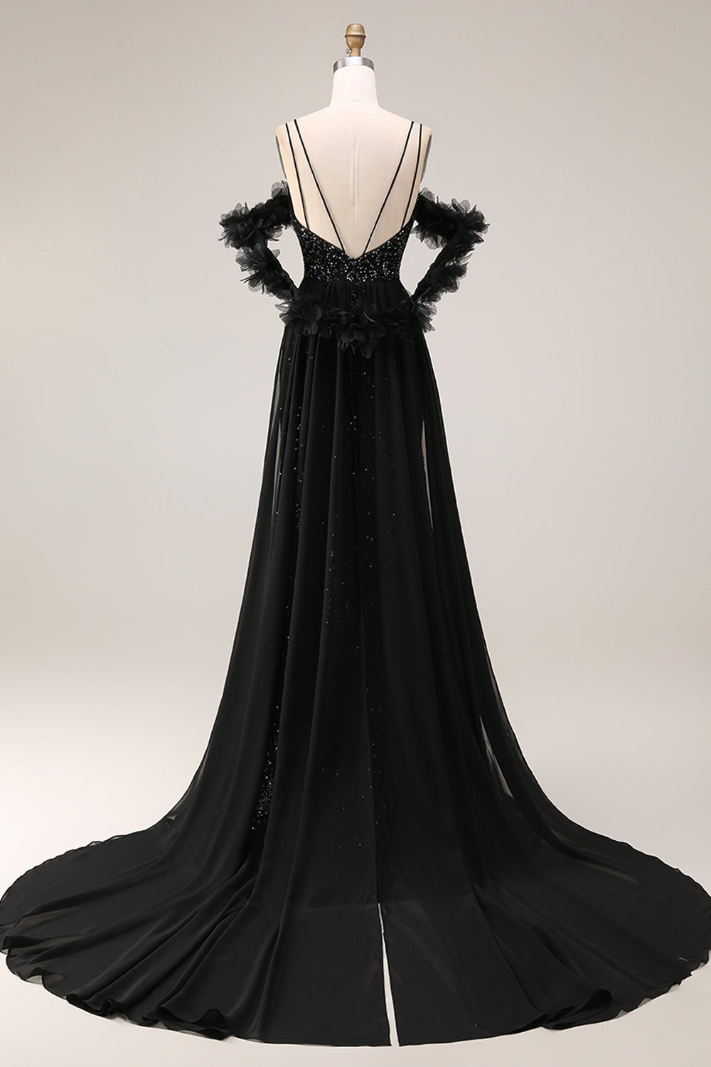 Sparkly Cold Shoulder Black Maxi Prom Dress with Slit - Image 2