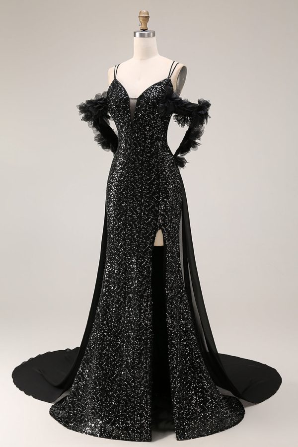 Sparkly Cold Shoulder Black Maxi Prom Dress with Slit - Image 3