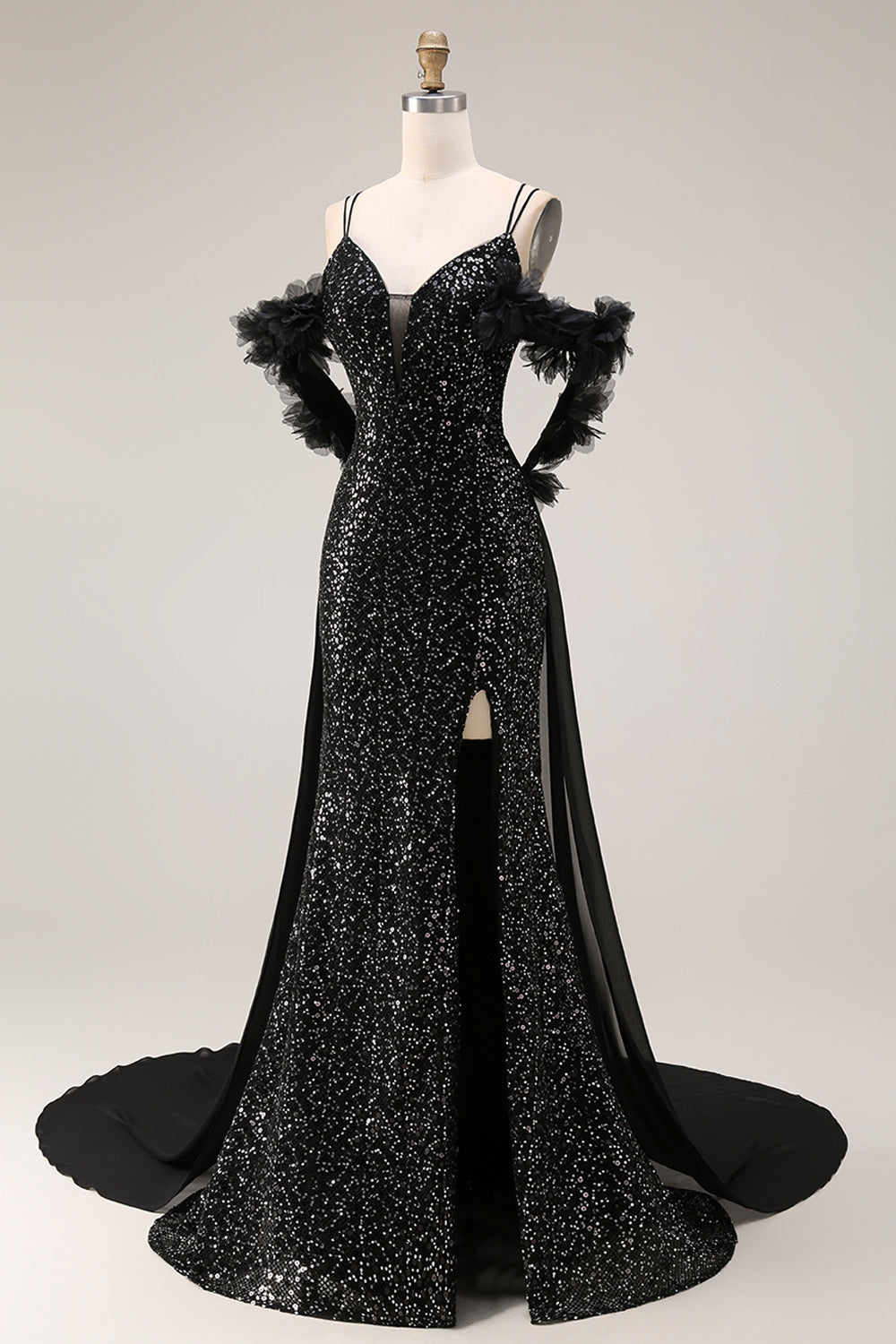 Sparkly Cold Shoulder Black Maxi Prom Dress with Slit - Image 3