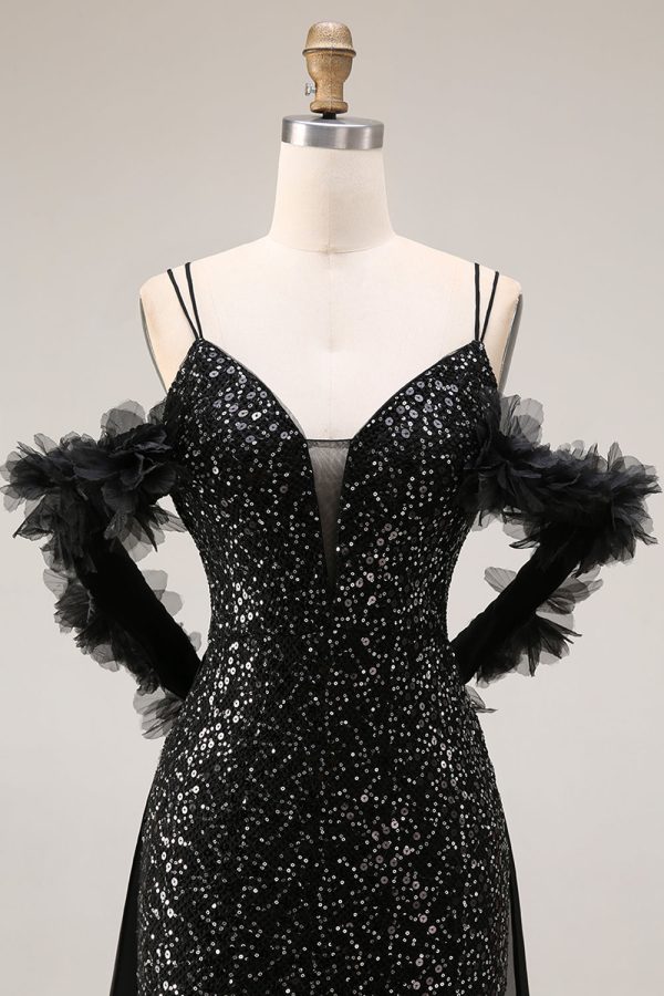 Sparkly Cold Shoulder Black Maxi Prom Dress with Slit - Image 4