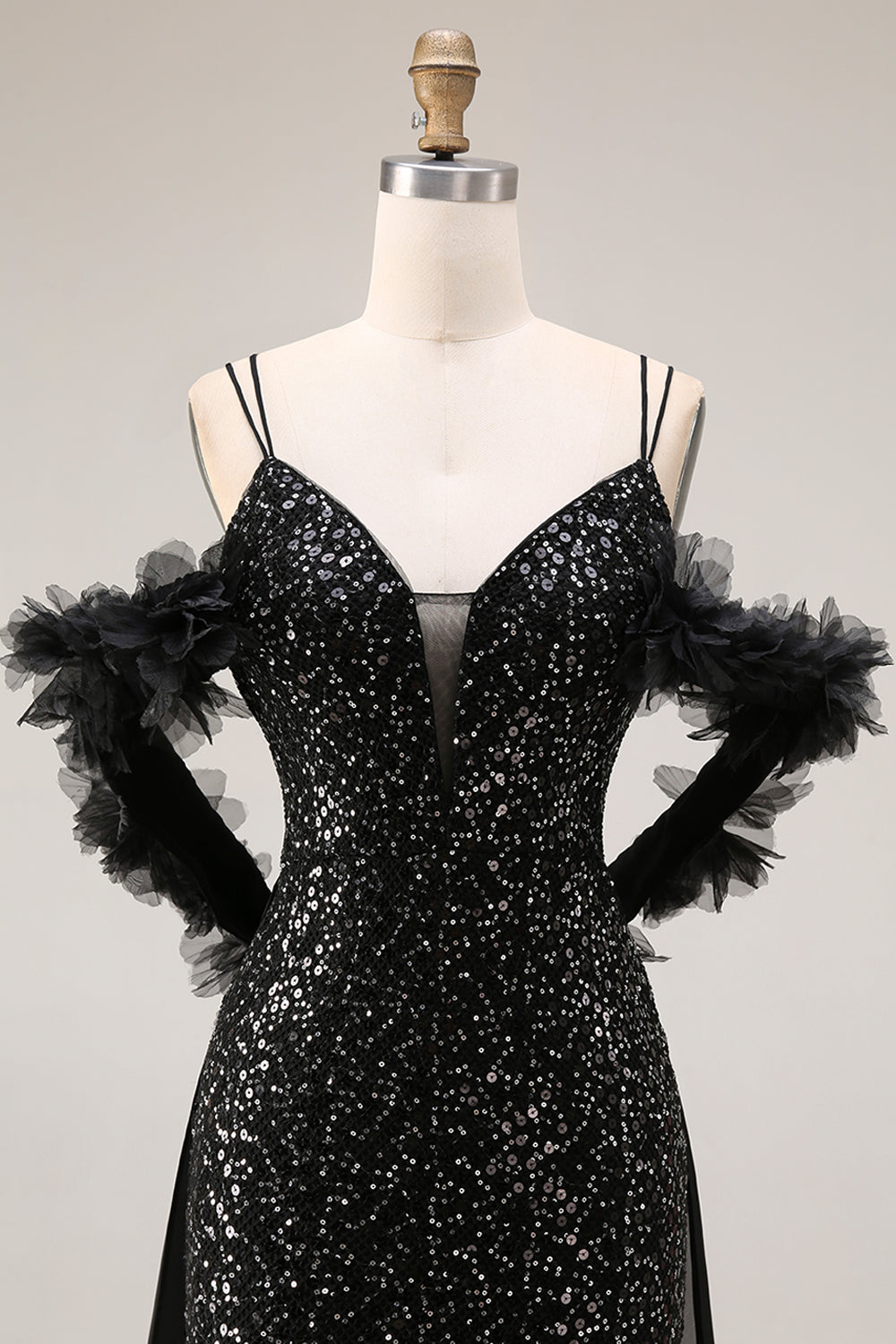 Sparkly Cold Shoulder Black Maxi Prom Dress with Slit - Image 4