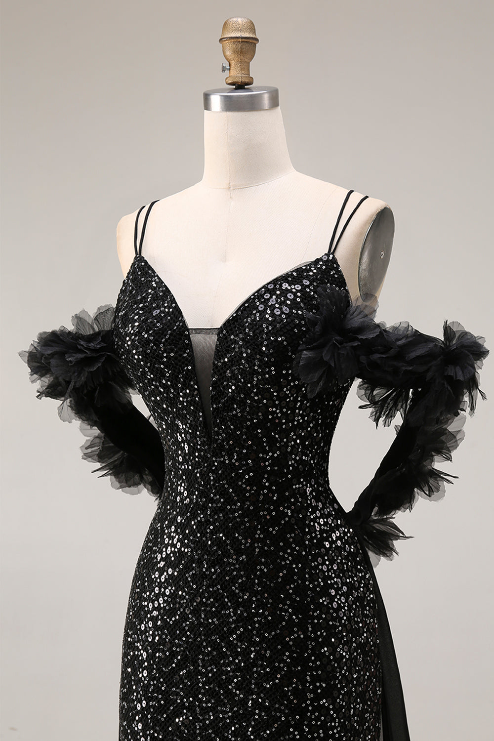 Sparkly Cold Shoulder Black Maxi Prom Dress with Slit - Image 6