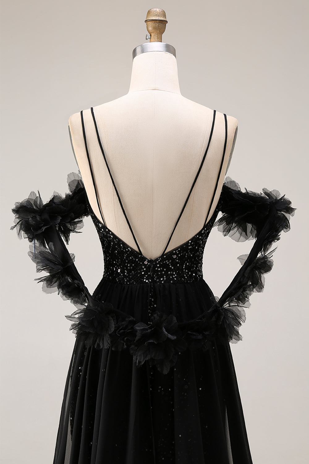 Sparkly Cold Shoulder Black Maxi Prom Dress with Slit - Image 5