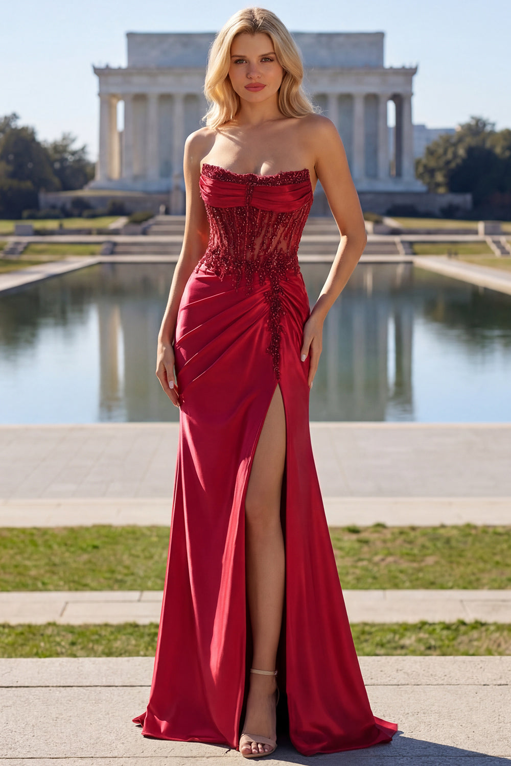 Sparkly Burgundy Strapless Ruched Mermaid Prom Dress - Image 1