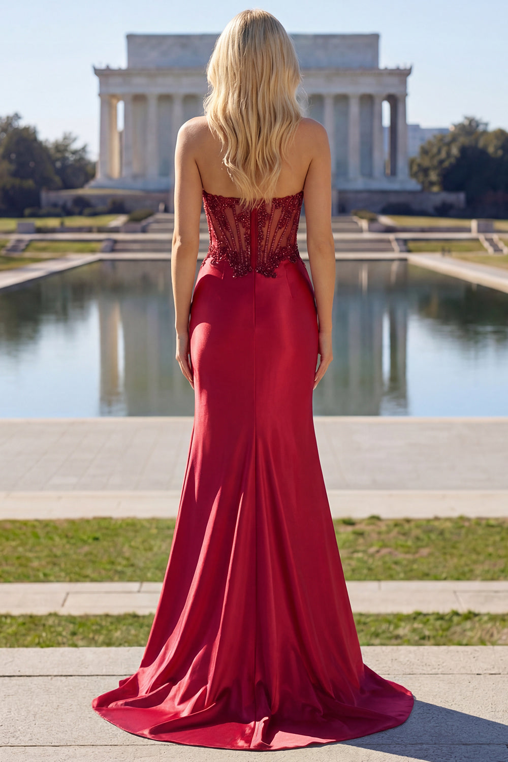 Sparkly Burgundy Strapless Ruched Mermaid Prom Dress - Image 2