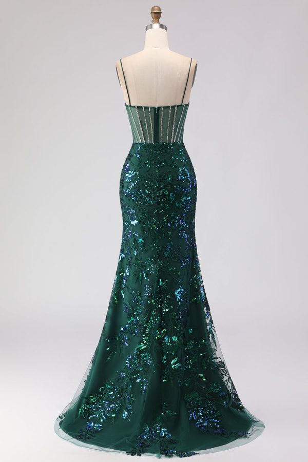 Sparkly Dark Green Corset Mermaid Maxi Prom Dress - Image 2