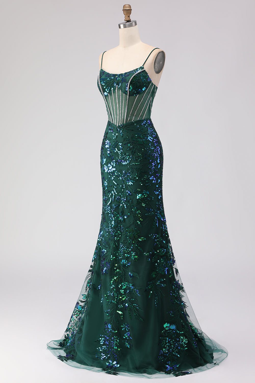 Sparkly Dark Green Corset Mermaid Maxi Prom Dress - Image 3