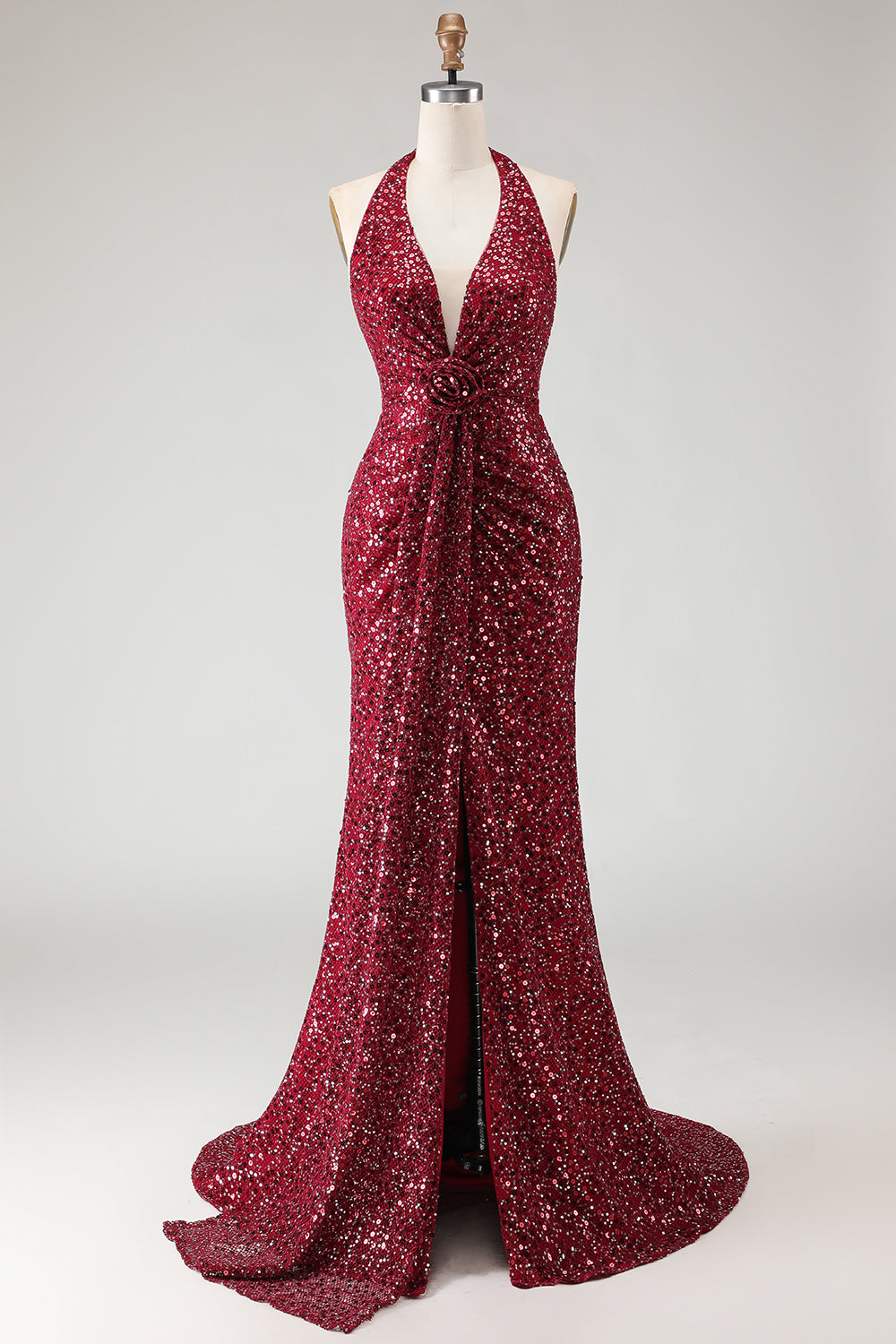 Sparkly Burgundy Halter Mermaid Prom Dress With Slit - Image 1