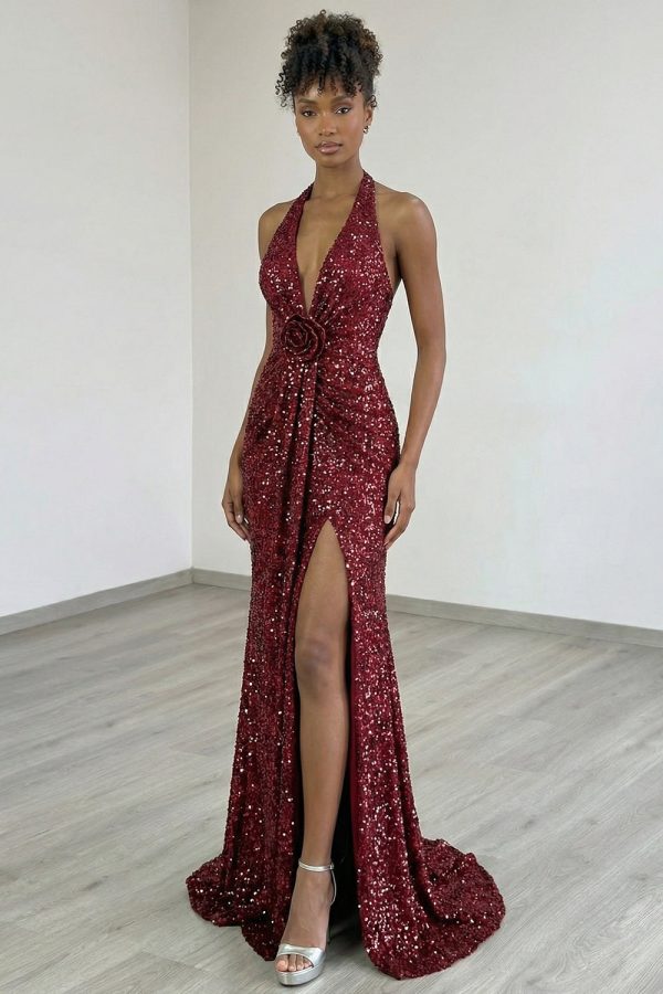 Sparkly Burgundy Halter Mermaid Prom Dress With Slit - Image 5